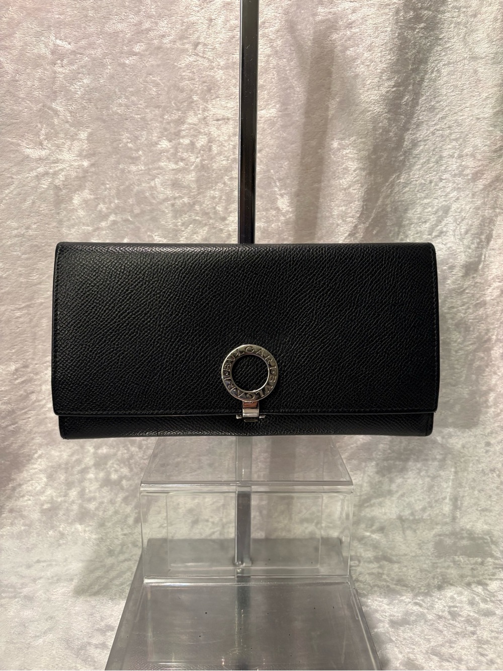 Bvlgari Silver Bezel Ring Textured Leather Continental Wallet Black Blue COA